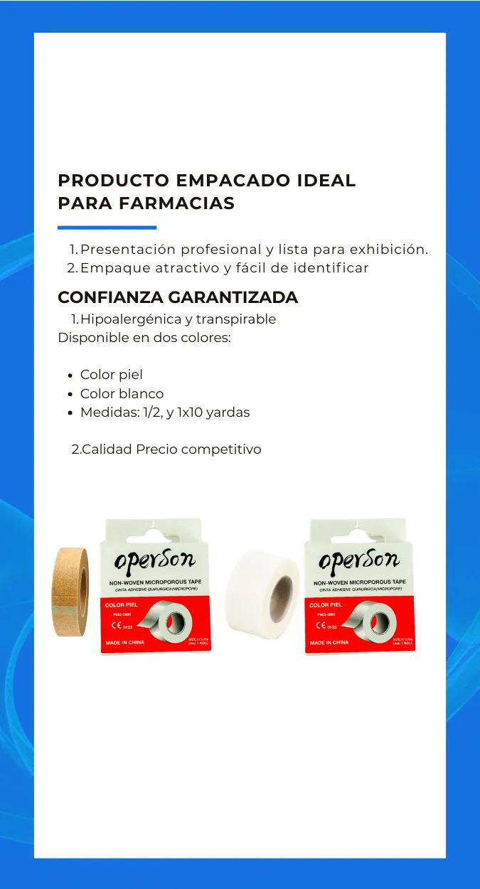 Ficha de producto: cinta adhesiva quirúrgica no tejida OPERSON, empacada para farmacias en color piel y blanco