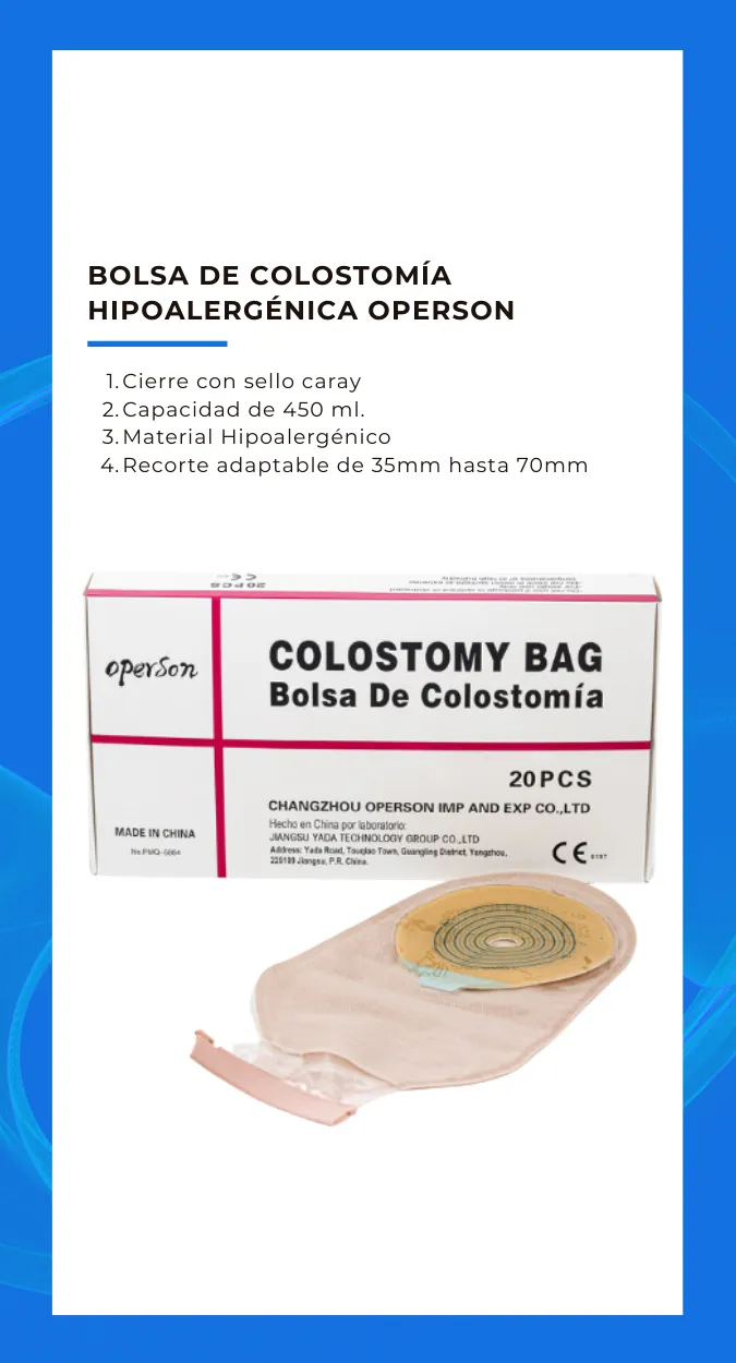 Ficha de producto: bolsa de colostomía hipoalergénica OPERSON con cierre de sello caray, capacidad 450 ml