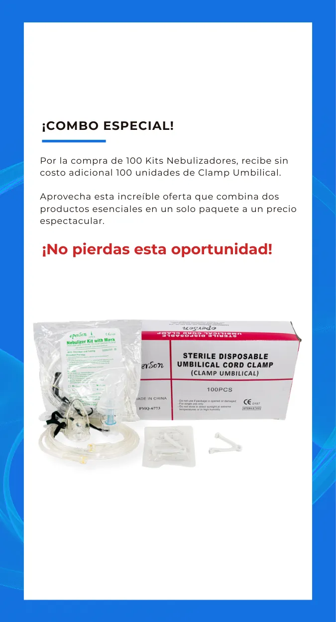 Ficha de producto: combo especial de kit nebulizador con clamp umbilical de regalo por compra de 100 unidades